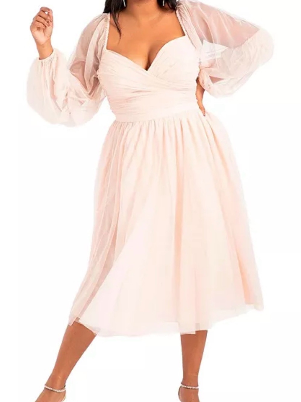 Eloquii Soft Blush Chiffon Midi Dress with Sheer Bishop Sleeves